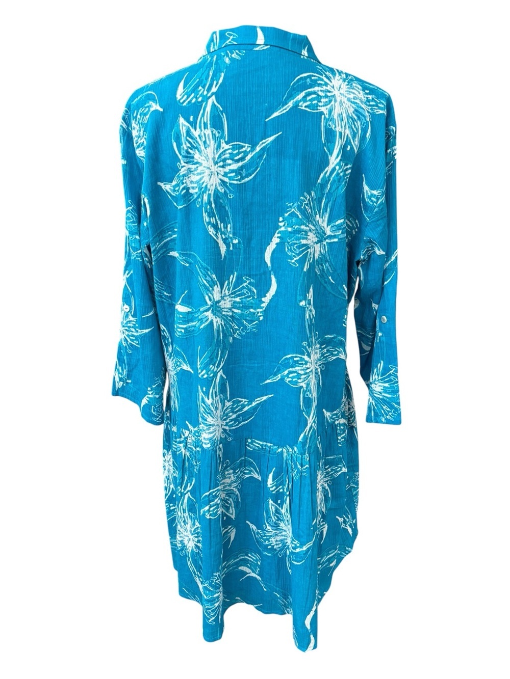 RO'S GARDEN Deauville Floral Mini Dress Button Front Collared Cotton Teal Large - Picture 3 of 9